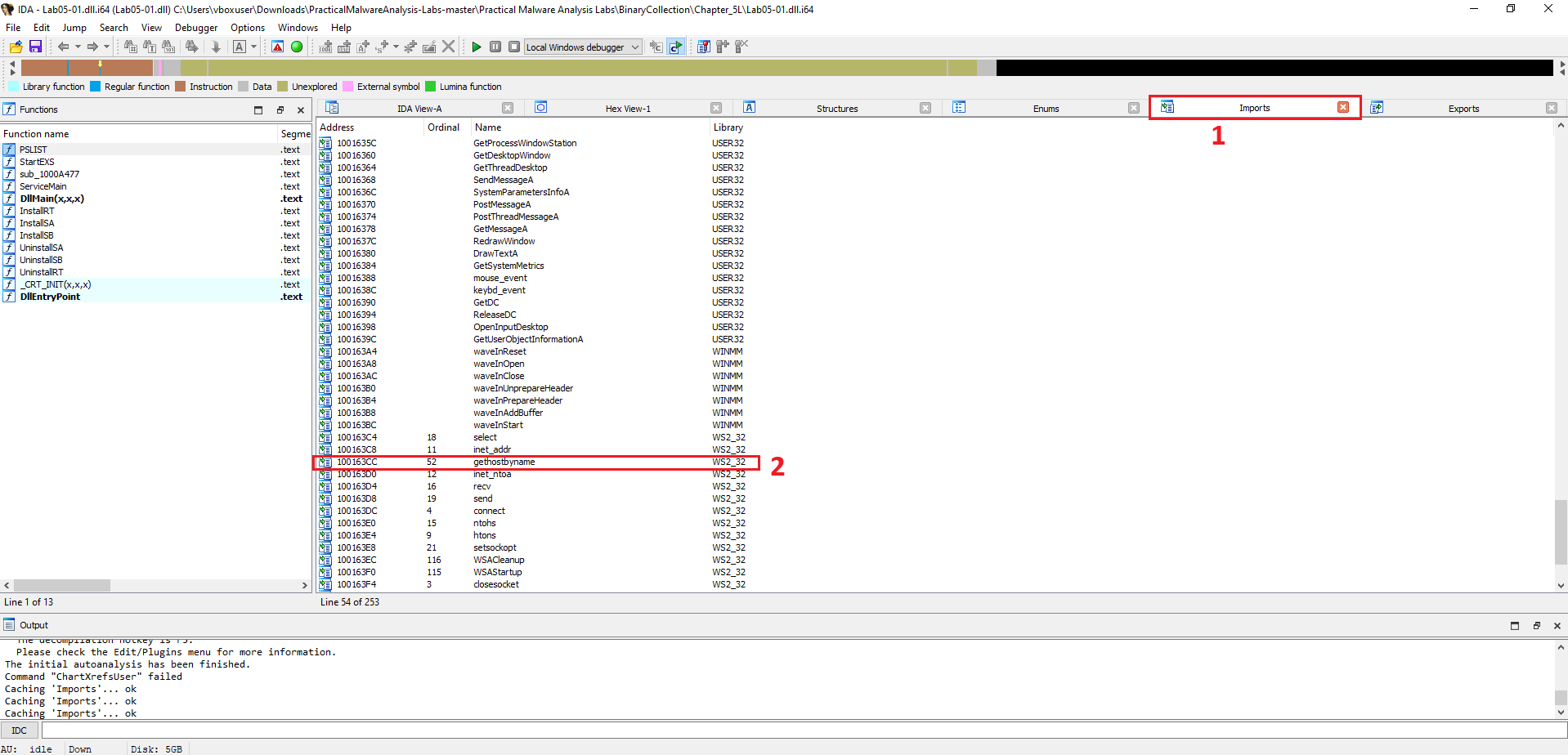 IDA Pro showing the gethostbyname import located