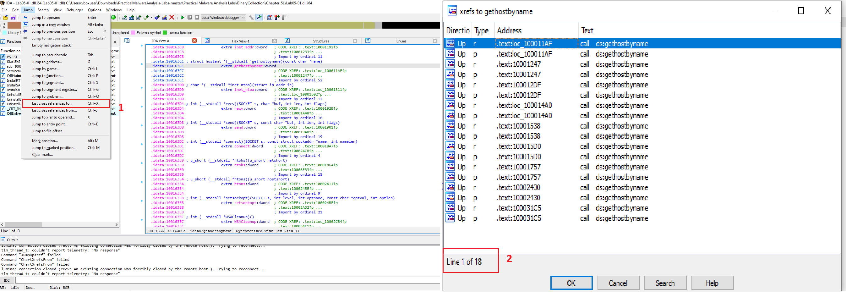 IDA Pro showing the gethostbyname import located